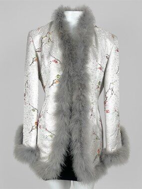 Marabou Trim Silver Blossom Brocade Coat